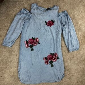 Song of Style Cold Shoulder Soft Denim Prairie Boho Y2K Dress Embroidered Size M